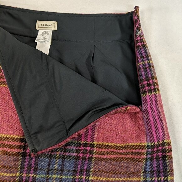 L.L. Bean Pink Plaid Wool Skirt Women's 8 Short Knee Length Slit Tartan Pencil - Picture 5 of 15